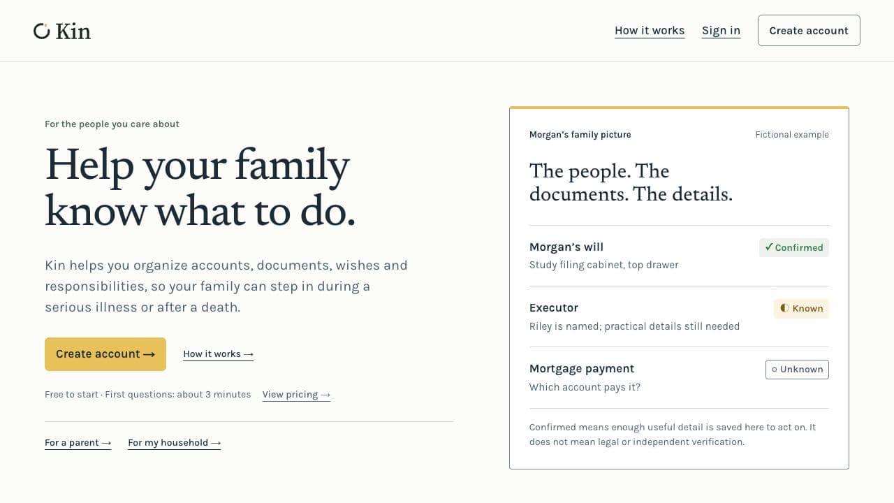 Kin homepage with a family readiness example showing confirmed, known, and missing details